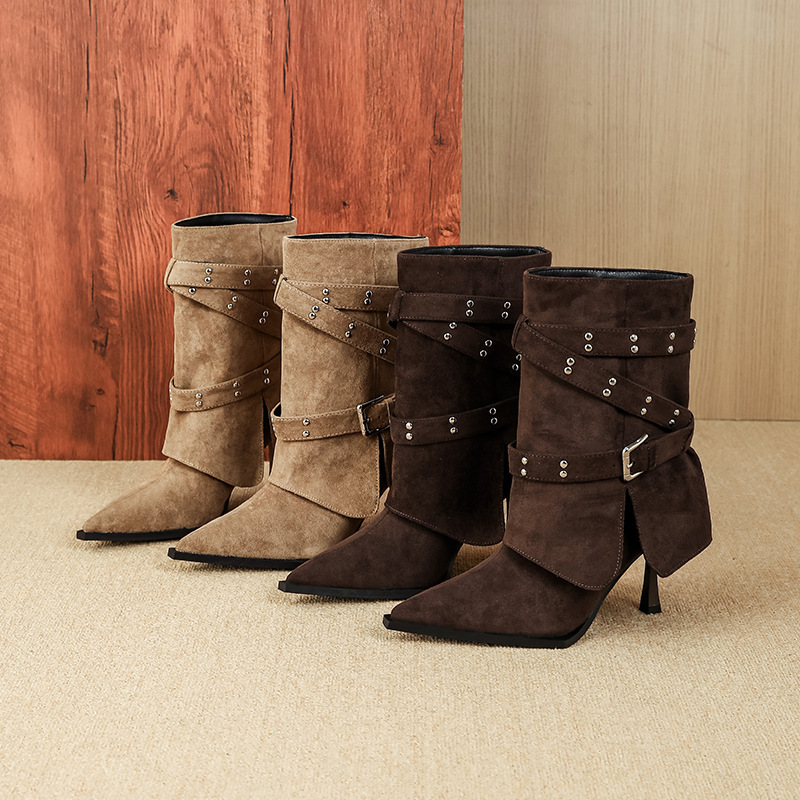 F733-6 European and American Style Belt Buckle Wide Tube 2025 Autumn and Winter New Pointed Toe Stiletto Low Heel Slim High Heel Short Boots for Women