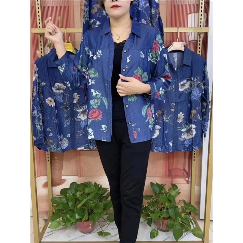 Middle-Aged Mother's Tencel Denim Printed Shirt for Women, Spring and Summer, Plus Size, Slimming Blouse, Cardigan Jacket