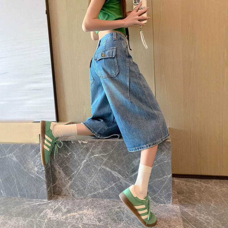 Vintage Wide-Leg Cropped Denim Shorts for Women, Summer Thin 2026 Super Popular New Style, Petite Straight-Leg 7/8 Length Pants