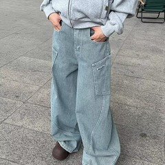 美式复古条纹设计感弯刀廓形工装牛仔裤男女高街宽松拖地阔腿长裤