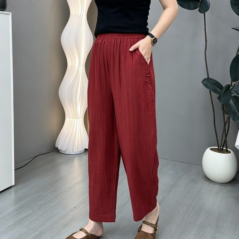 Loose and Comfortable Burgundy High-Waisted Cropped Pants for Middle-Aged and Elderly Women, Versatile Casual Pants for Women, Spring and Autumn Plus-Size Pants Loose and Comfortable Burgundy High-Waisted Cropped Pants for Middle-Aged and Elderly Women, Versatile Casual Pants for Women, Spring and Autumn Plus-Size Pants