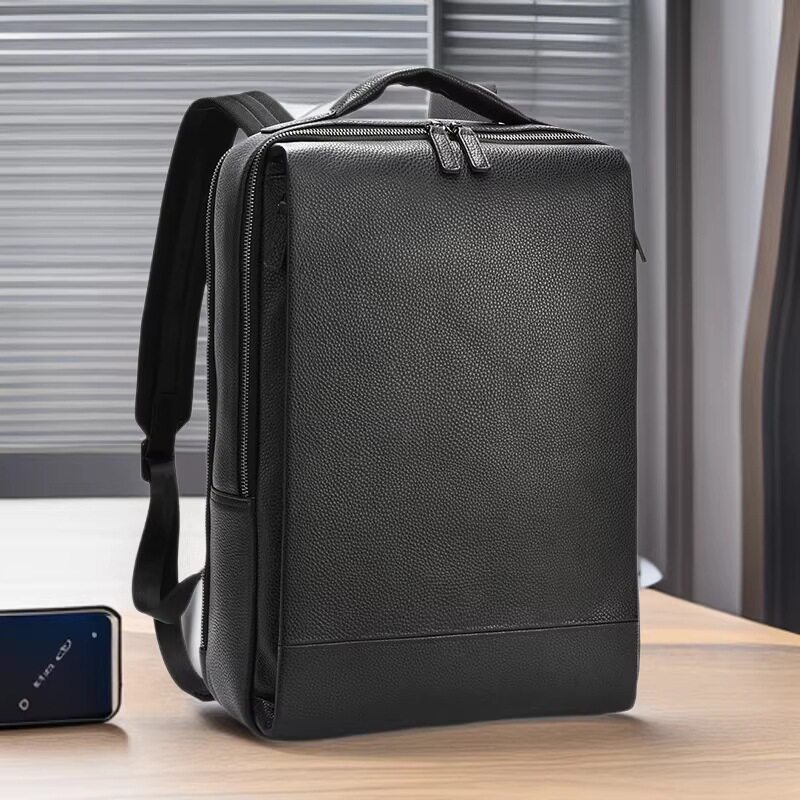 Ba lô nam da bò lớp đầu dung tích lớn đựng laptop 15,6 inch đi công tác — màu đen