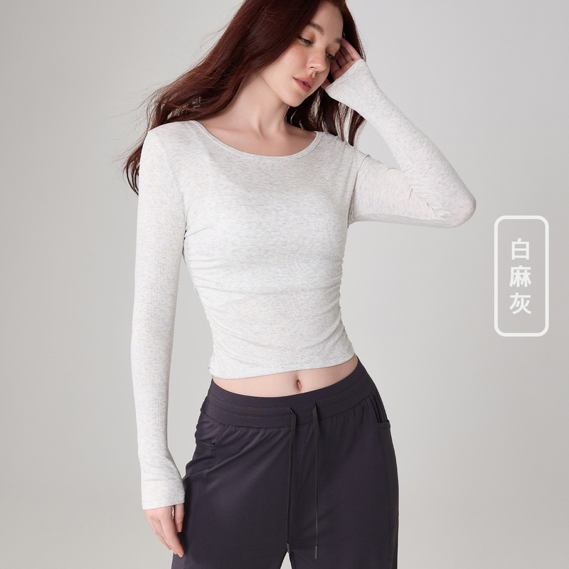 同吉瑜伽服女修身显瘦普拉提健身衣圆领螺纹跑步运动长袖瑜伽上衣|undefined