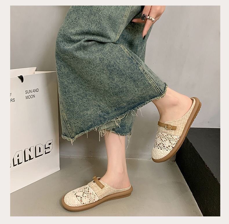 Dép lê nữ bít mũi vải lanh thêu hoa nhí, đế bằng gót thấp 1–3 cm, kiểu xỏ chân thoáng khí — Dép lê nữ S3 - màu be [hộp], Dép lê nữ S3 - màu đen [hộp] chi tiết 10