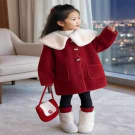 女童加绒外套2025新款秋冬款儿童红色过年毛呢大衣娃娃领冬季拜年