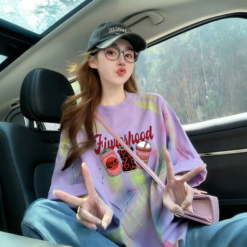 Korean Pure Cotton American Retro Short-Sleeved T-Shirt for Women Summer 2026 New Loose Large Size Women's Clothing Gradient Color Tie-Dye Korean Pure Cotton American Retro Short-Sleeved T-Shirt for Women Summer 2026 New Loose Large Size Women's Clothing Gradient Color Tie-Dye
