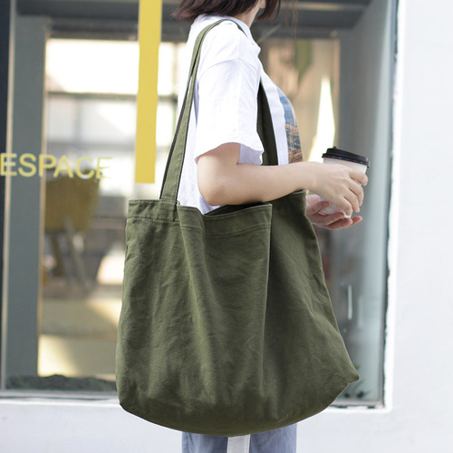 Korean style simple large-capacity canvas bag Internet celebrity lightweight solid color single shoulder women's bag casual retro shopping bag handbag