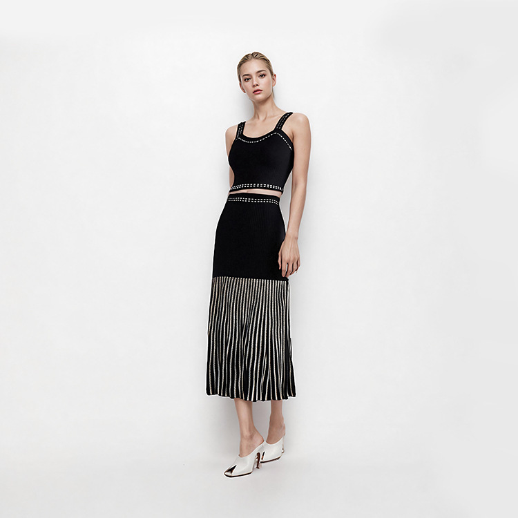 Cross-Border Foreign Trade Spring and Summer Black Knitted Elegant Waist-Cinching Hollow-Out Beaded Vest Top and Skirt Fashion Casual Set