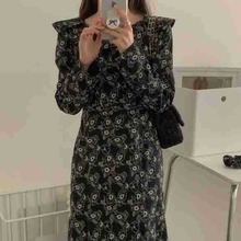 2025春季新韩国东大门海军领长袖收腰连衣裙刺绣鱼尾长裙DY-1152