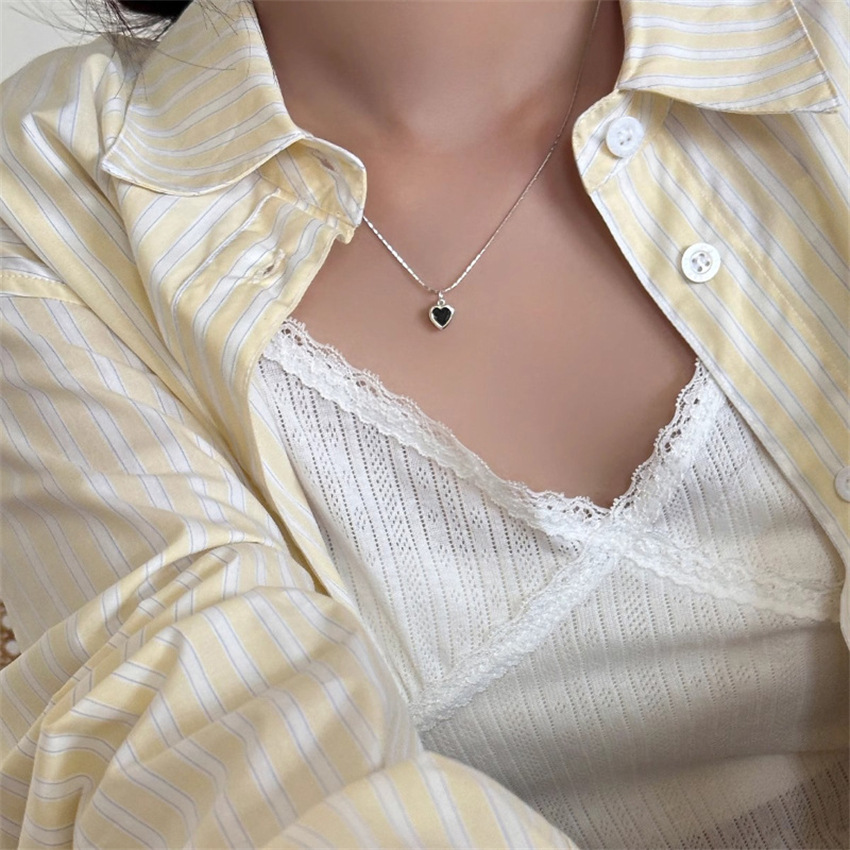 韓版925純銀黑色愛心鋯石項鍊女小眾百搭高級感冷淡風頸鏈鎖骨鏈