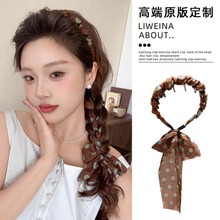 复古咖色波点丝巾飘带发箍女高颅顶显脸小头箍麻花马尾编发卡头饰