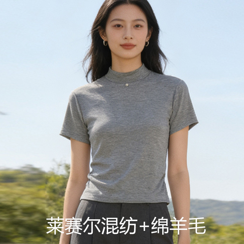 Cooling Lyocell Tencel Wool Short-Sleeve T-Shirt for Women with Metal Buttons, Summer Loose Round-Neck Top