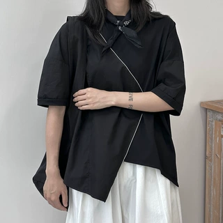 山本风暗黑短袖T恤女拼接不规则半袖宽松显瘦百搭明线设计感上衣