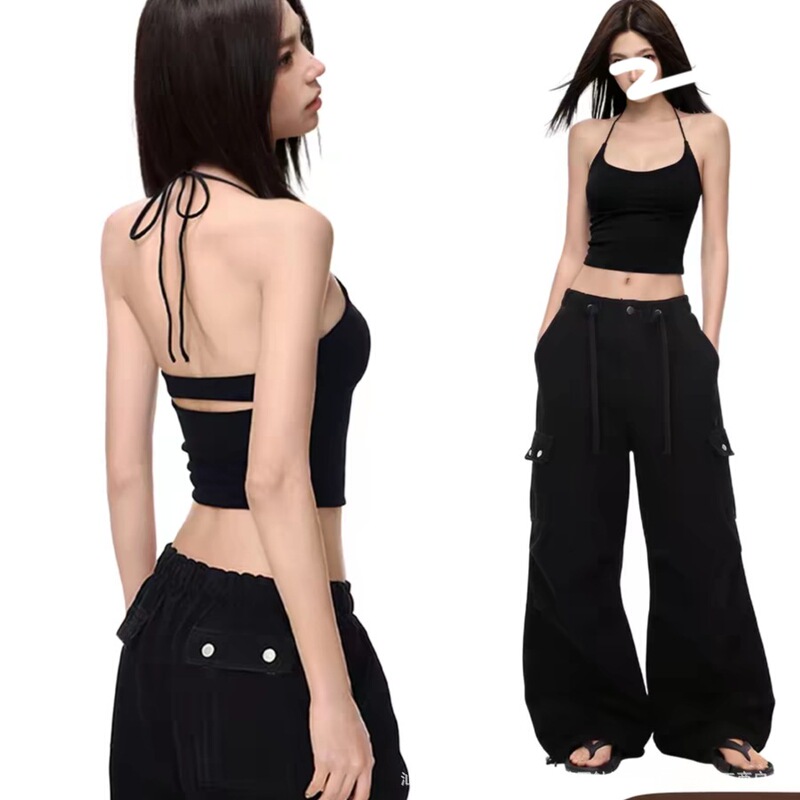 Thai-Style Spicy Girl Black Halter Neck Backless Camisole with Chest Pads for Women, Summer Outerwear Latex Cup Beautiful Back Top for Women