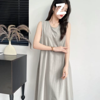 天然棉麻连衣裙夏季圆领简约宽松气质纯色休闲无袖长款背心长裙