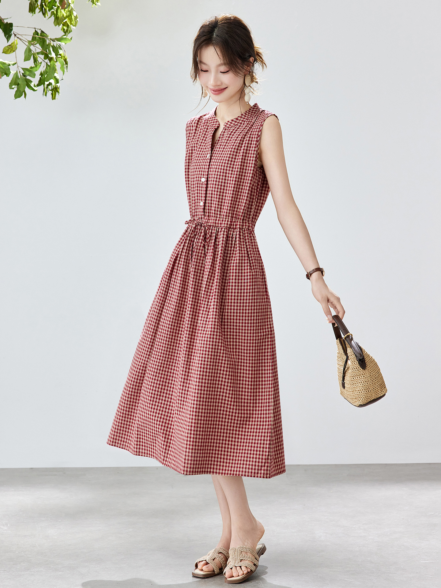 Đầm maxi nữ thắt eo cổ V rút dây, dáng chữ A trung niên mùa hè — Sọc Tây Tạng, Lưới đỏ, Sọc kaki