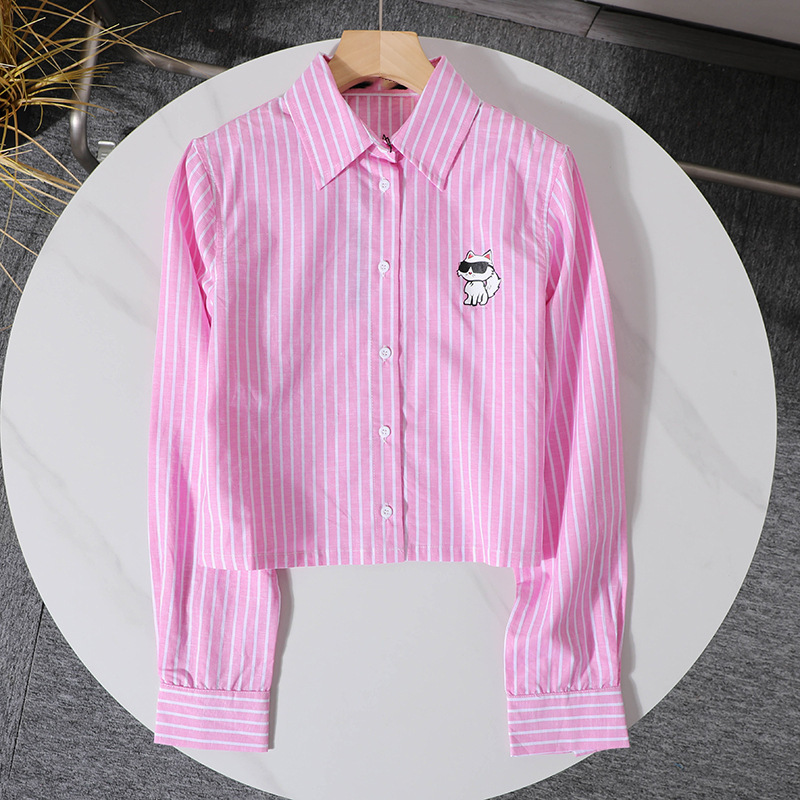 American Brand K~ Women's Cotton Screen-Printed Cartoon Cat Casual Short-Sleeve Striped Shirt 2329 American Brand K~ Women's Cotton Screen-Printed Cartoon Cat Casual Short-Sleeve Striped Shirt 2329
