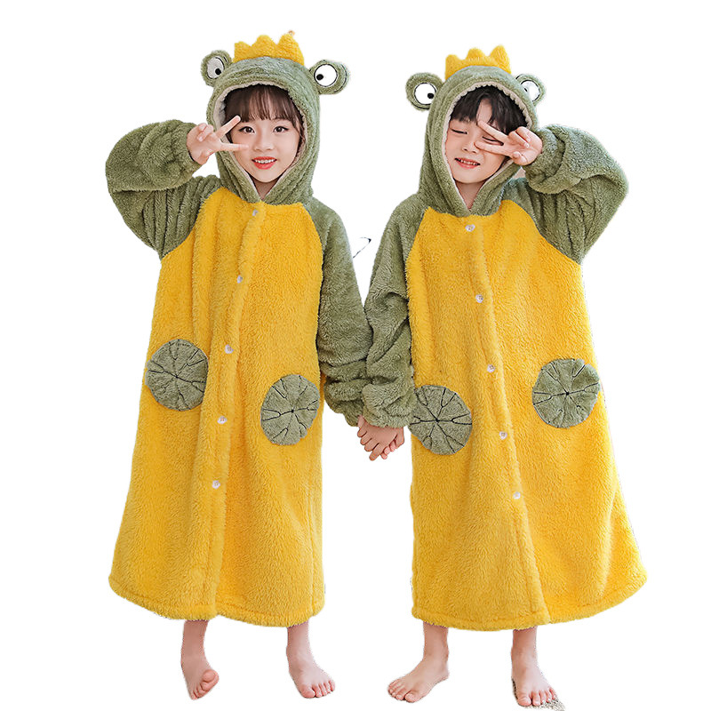YXP 가을과 겨울 어린이 잠옷 산호 양털 두꺼운 긴 목욕 잠옷 킥 방지 양털