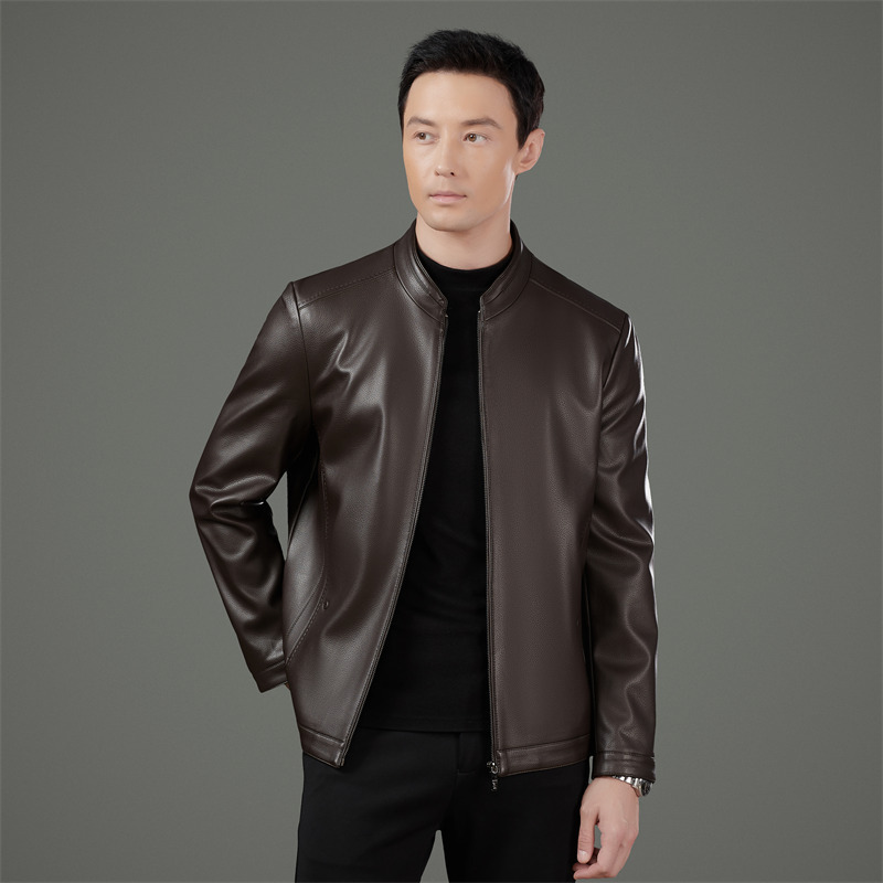 Counter Sheepskin Leather Jacket for Middle-Aged Men, Business Casual Plus Velvet Stand Collar Men's Dad Leather Jacket Wholesale