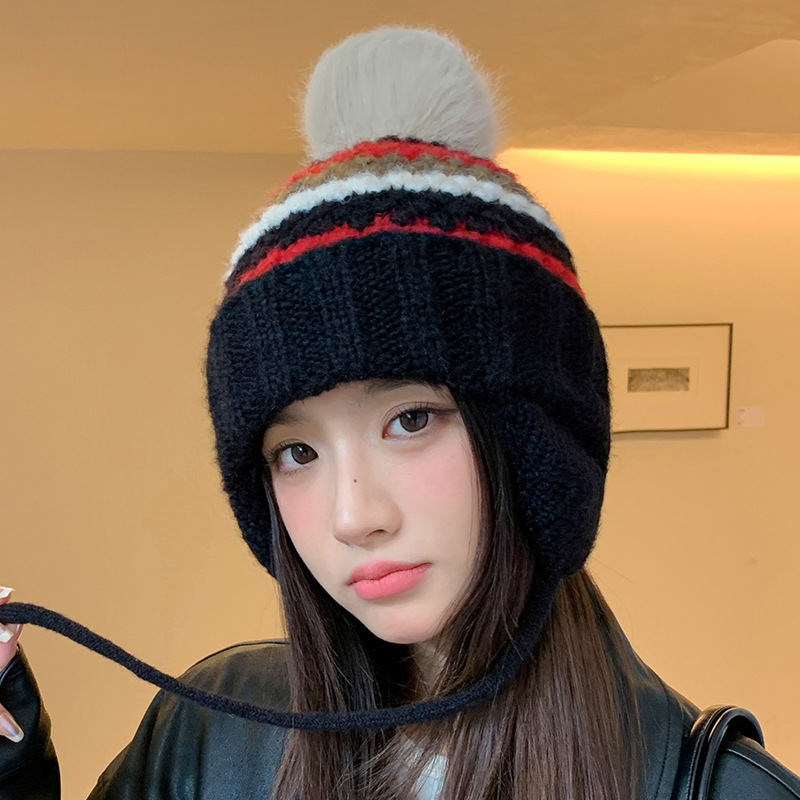 New Retro Fair Isle Style Warm Thickened Fleece-Lined Winter Knitted Hat, Cold-Proof Ear Protection, Tie-Up Wool Hat_voghion.com