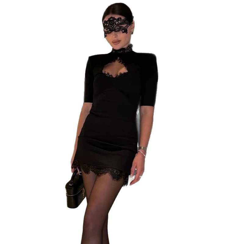 Women's Sexy Hollow Out Lace Panel High Waist Short Sleeve Bodycon Mini Dress – Summer Party Gown_ecoleips.com