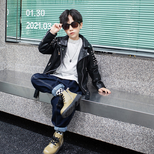 Children's clothing, handsome children's performance leather jacket with rivets, motorcycle leather jacket 2024 spring and autumn new Korean style jacket for boys and girls