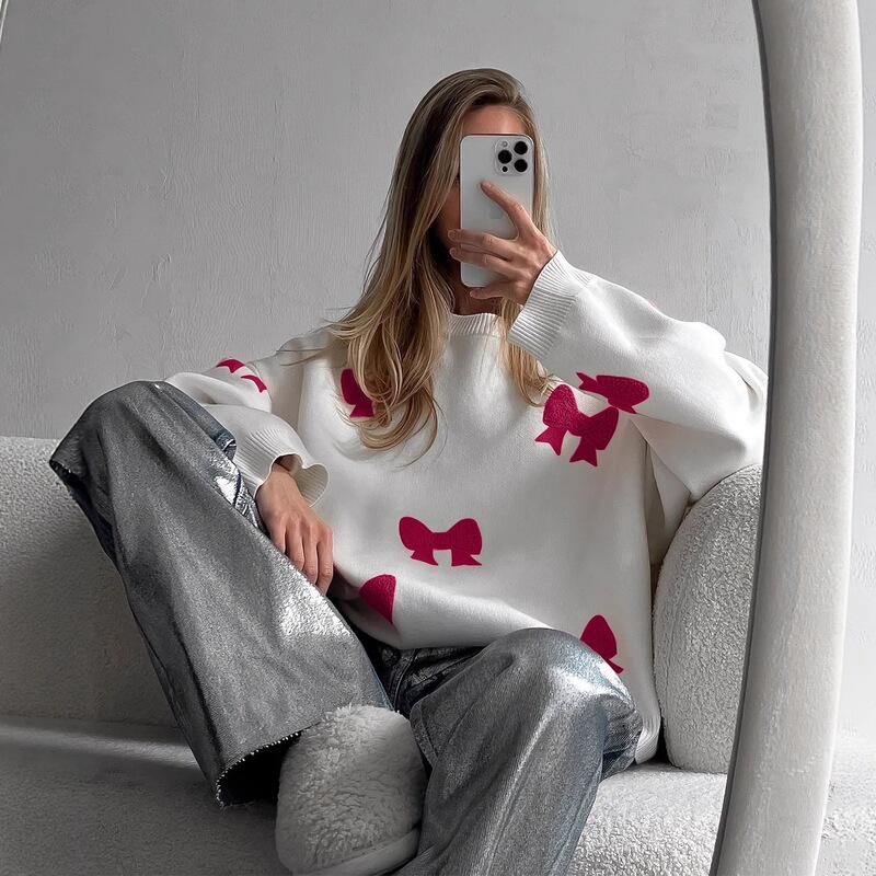 2026 New Style Knitted Sweater for Women in Autumn and Winter Cross-Border Sweet Style Bow Loose Round Neck Long Sleeve Women's Clothing