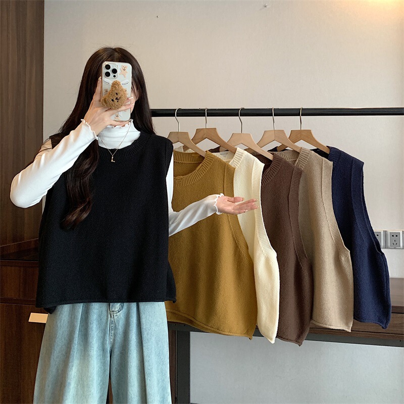[3 Pieces of Sheep Velvet] Round Neck Ripped Knitted Vest for Women in Autum Loose Design Niche Sleeveless Sweater Back