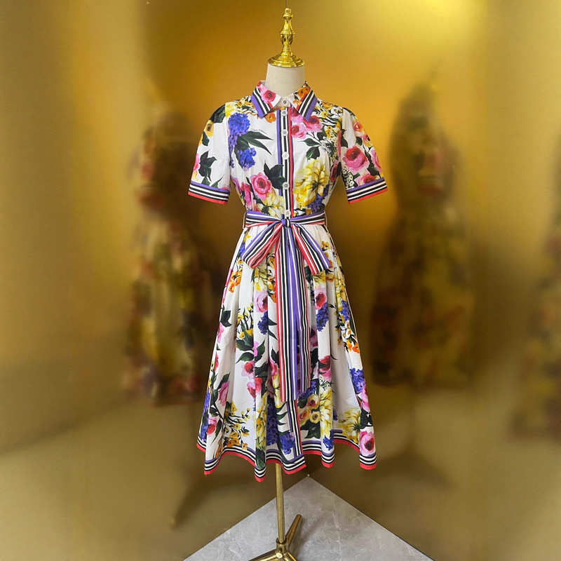 White Rose Garden Cotton Printed Letter Button Waist-Cinching Flared Short-Sleeve Dress, a Must-Have for Parties and Streetwear