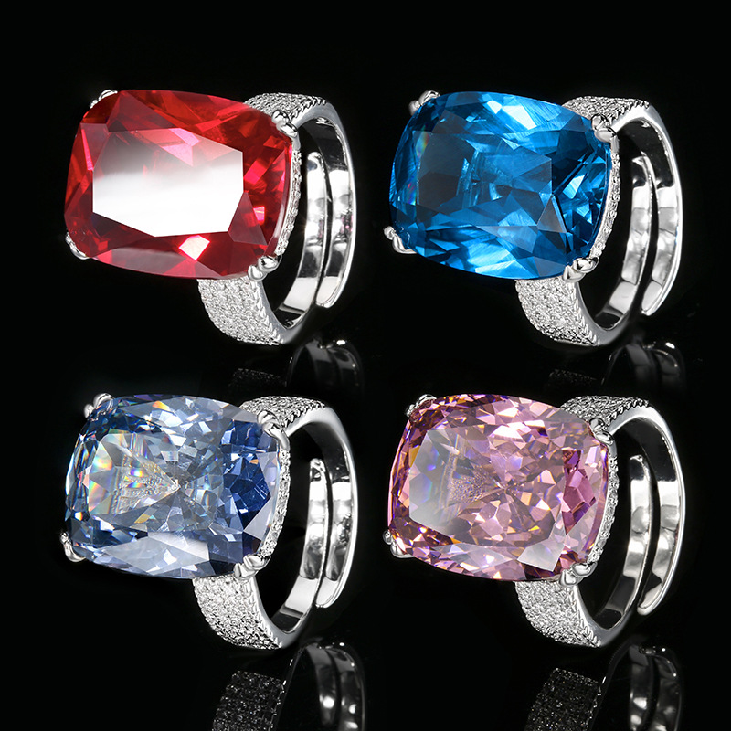 Otoño e invierno nuevo estilo Zhuangshengsheng joyería fondo de cobre chapado en oro simulación de moda blanco chapado en azul anillo femenino piedra 15*20