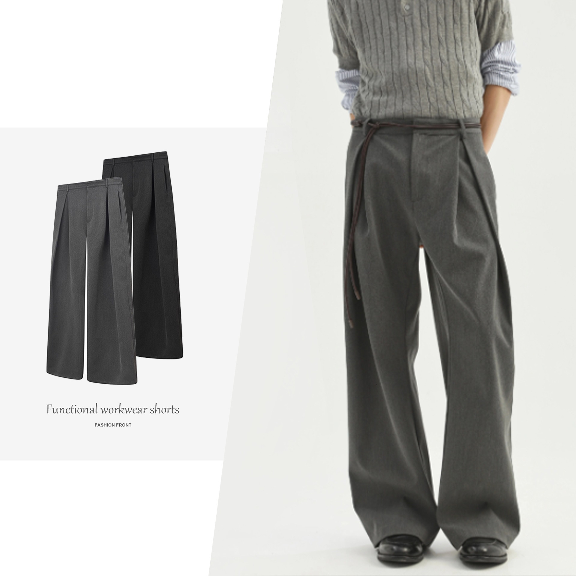 JMWH 3D Racer Pleats A-line Silhouette Curved Blade Trousers TR Blended Fabric Commuting Cleanfit Flowing Casual Trousers