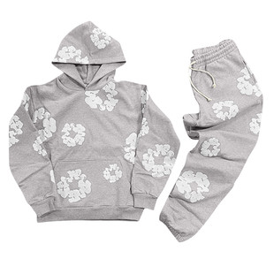 Cross-border Flower Printed Trendy Brand Same Style Pullover Sweater European and American Loose Hoodie Men's and Women's Pullover Casual Jacket Set