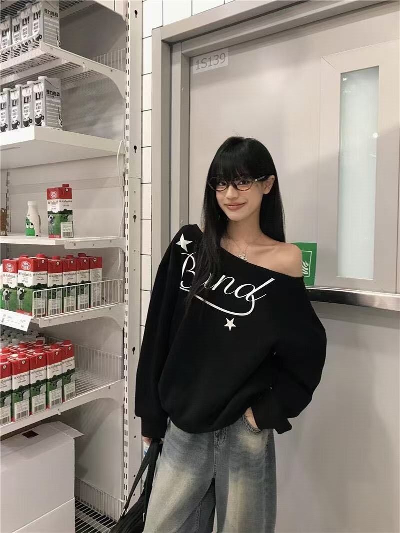 High-quality Mamba cotton 300g back-padded collar off-shoulder sweatshirt, loose fit, American letter print, perfect for autumn and winter.