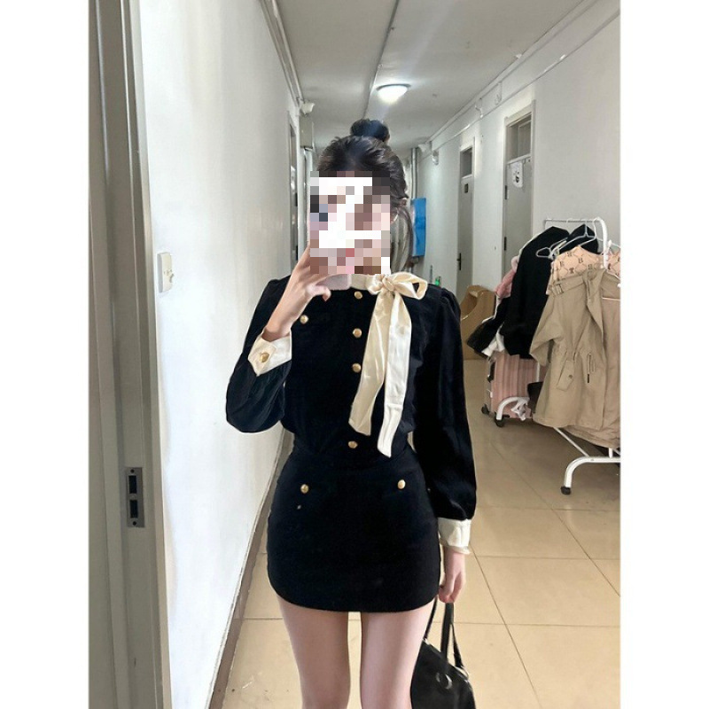 法式秋冬小香风蝴蝶结上衣半身裙子套装女高级气质两件套|undefined