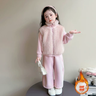 女童马甲秋冬三件套2025新款女小童深秋加厚外套加绒阔腿裤三件套