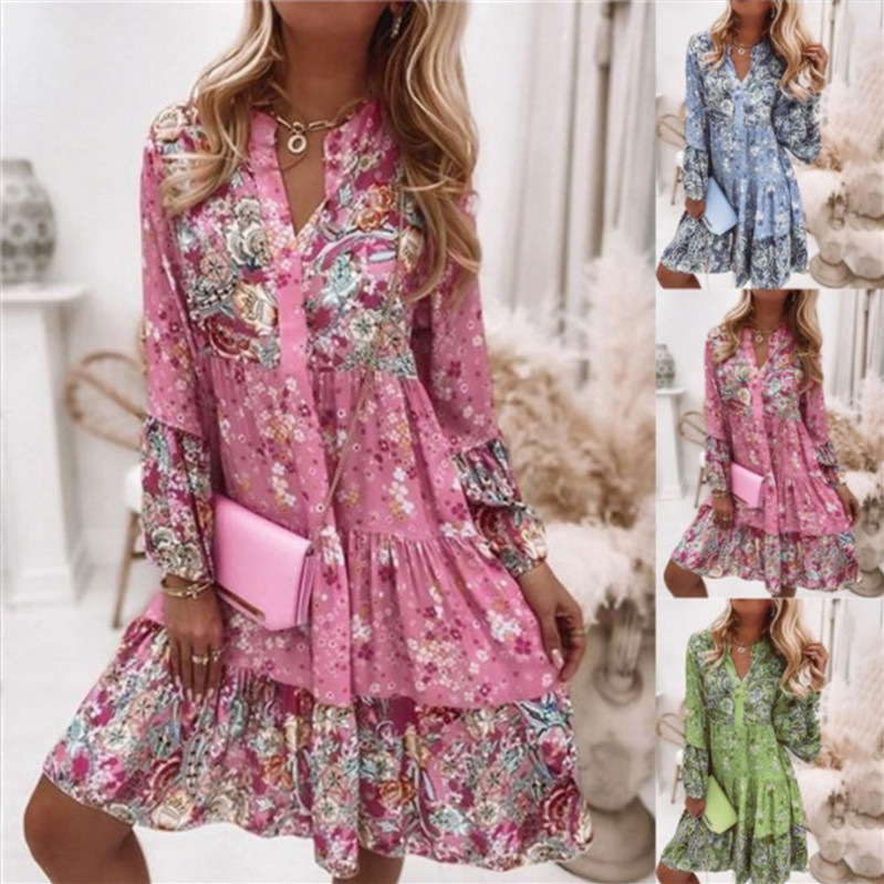 2022 cross-border Europe and America Amazon foreign trade spring summer autumn new long sleeve women's V-neck temperament large size dress