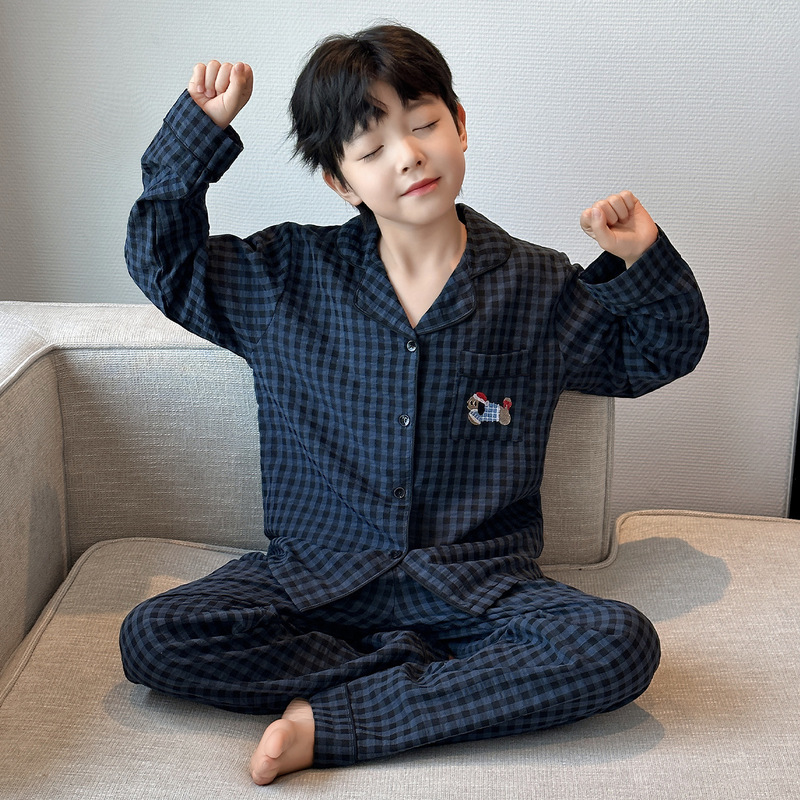 儿童睡衣套装2025新款男童深蓝色格子家居服长袖两件套可外穿睡衣|undefined
