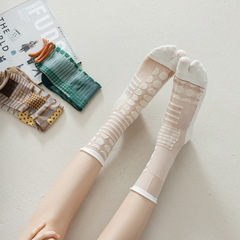 二趾襪女夏季薄款透明玻璃絲日系圓點復古木屐拖鞋兩指卷邊中筒襪