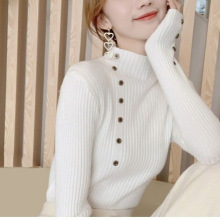 秋冬纽扣半高领毛衣女打底衫外搭冬新款韩版套头修身针织衫