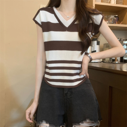 Women's Summer Thin V-Neck Knit Short Sleeve Top with Striped Design, Outerwear, Fitted and Slimming