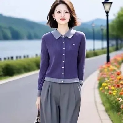 Hong1136 Lapel Wool Knit Cardigan for Women 2026 Spring and Autumn New Loose Fashionable Sweater Coat