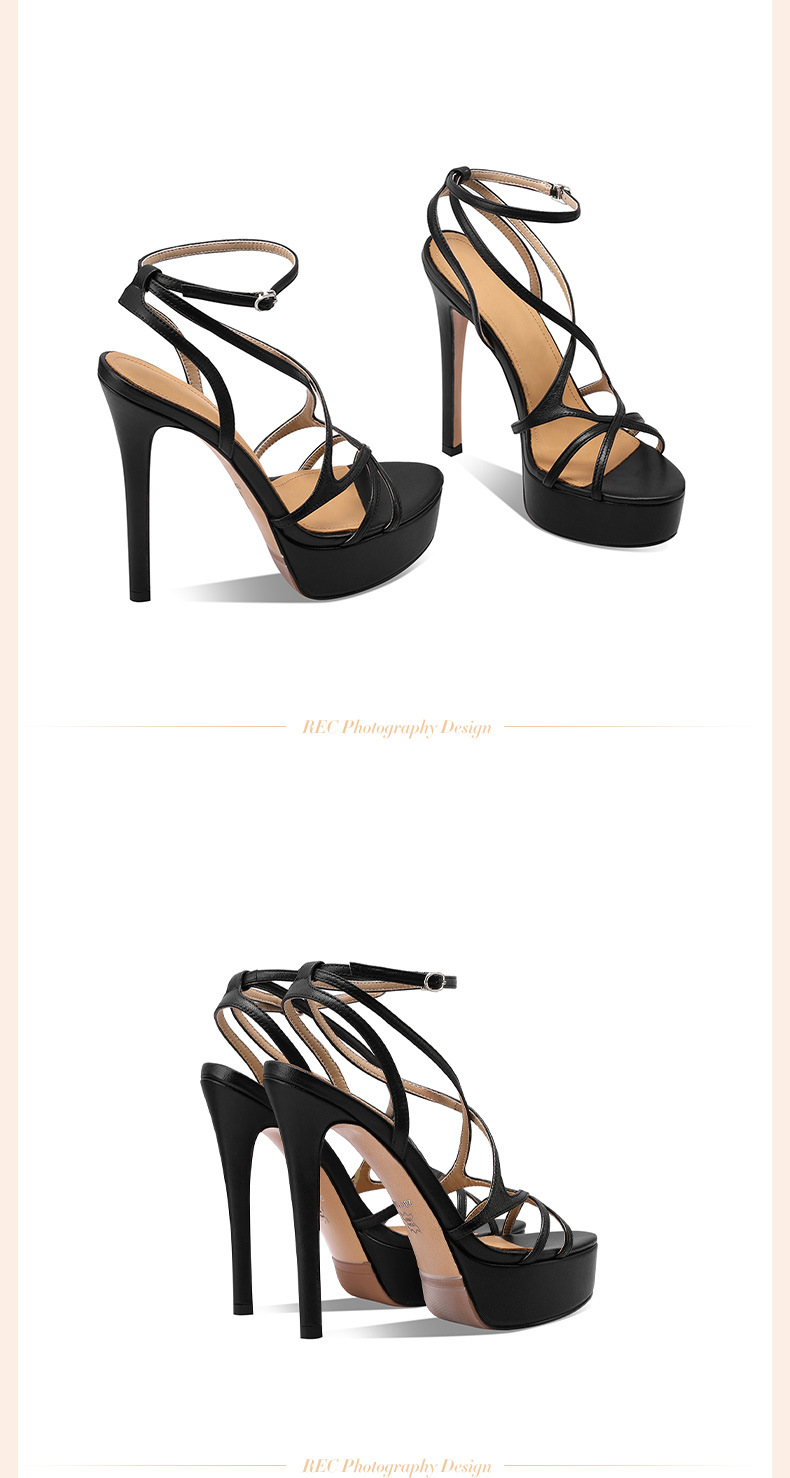 Sandal cao gót nữ quai ngang mũi hở gót 10 cm da thật phong cách Âu Mỹ — Đen (10CM) chi tiết 3
