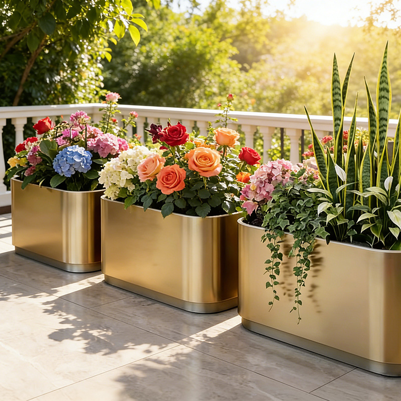 Caja de flores de acero inoxidable forjado al aire libre, sala de ventas, caja de flores de calle comercial, caja de flores de metal terminada, cerca de caja de flores