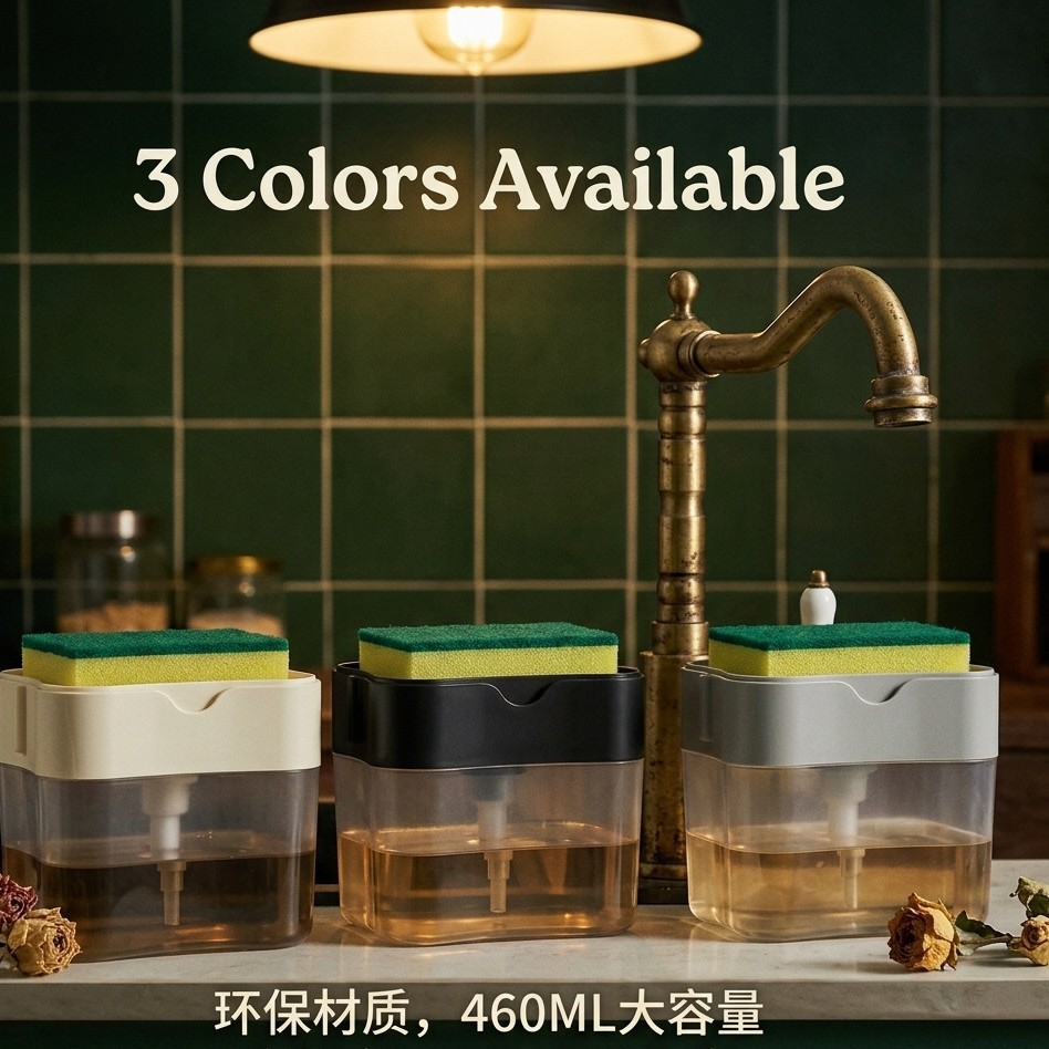 Dispensador de detergente para lavar platos, cepillo para limpiar ollas, dispensador de líquido estilo cocina, estropajo, cepillo para lavar platos, dispensador de jabón para ollas, cocina.