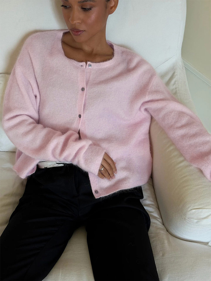 Áo cardigan len nữ cổ tròn dáng rộng cài khuy một hàng, dài tay, phong cách thanh lịch — Màu trắng, Xanh bạc hà, màu xám chi tiết 10