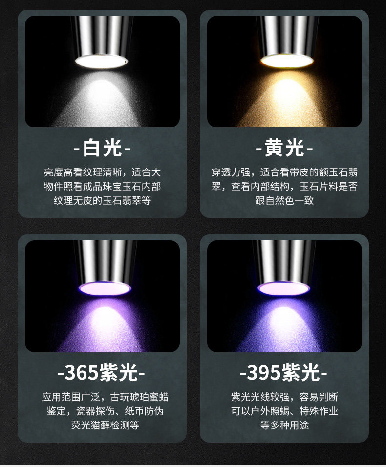 Jade Identification Flashlight with Four Light Sources for Inspecting Jade Jewelry, Strong Light for Banknote Verification, Anti-Counterfeiting 65Nm Ultraviolet Light