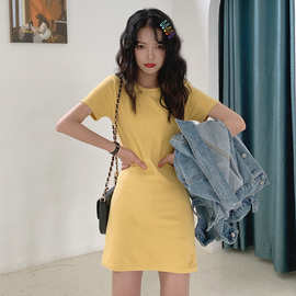 新款2024夏韩版中长款连衣裙女学生纯色外贸女装裙子衣服一件铺货