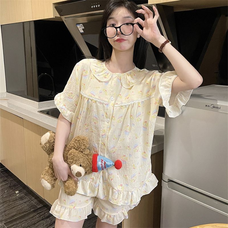 2026夏季带胸垫云朵棉睡衣女开衫 可爱甜美家居服卡通套装直播