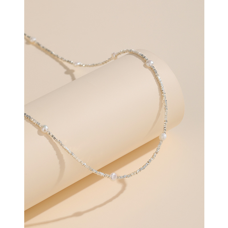 S925 plata esterlina perla de agua dulce roto Collar de plata para las mujeres Luz de lujo nicho diseño de alto grado roto pareja de plata clavícula cadena