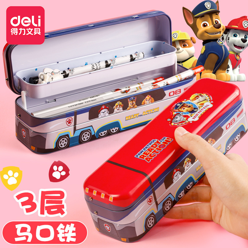 Deli Paw Patrol Stationery Box Multi-Layer Pencil Box Multifunctional Metal Pen Box Storage Box for Primary School Students and Children